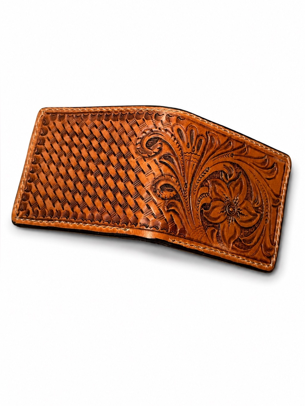 Handmade Hand Tooled Leather Bifold Wallet | Western Basket Weave Floral Genuine